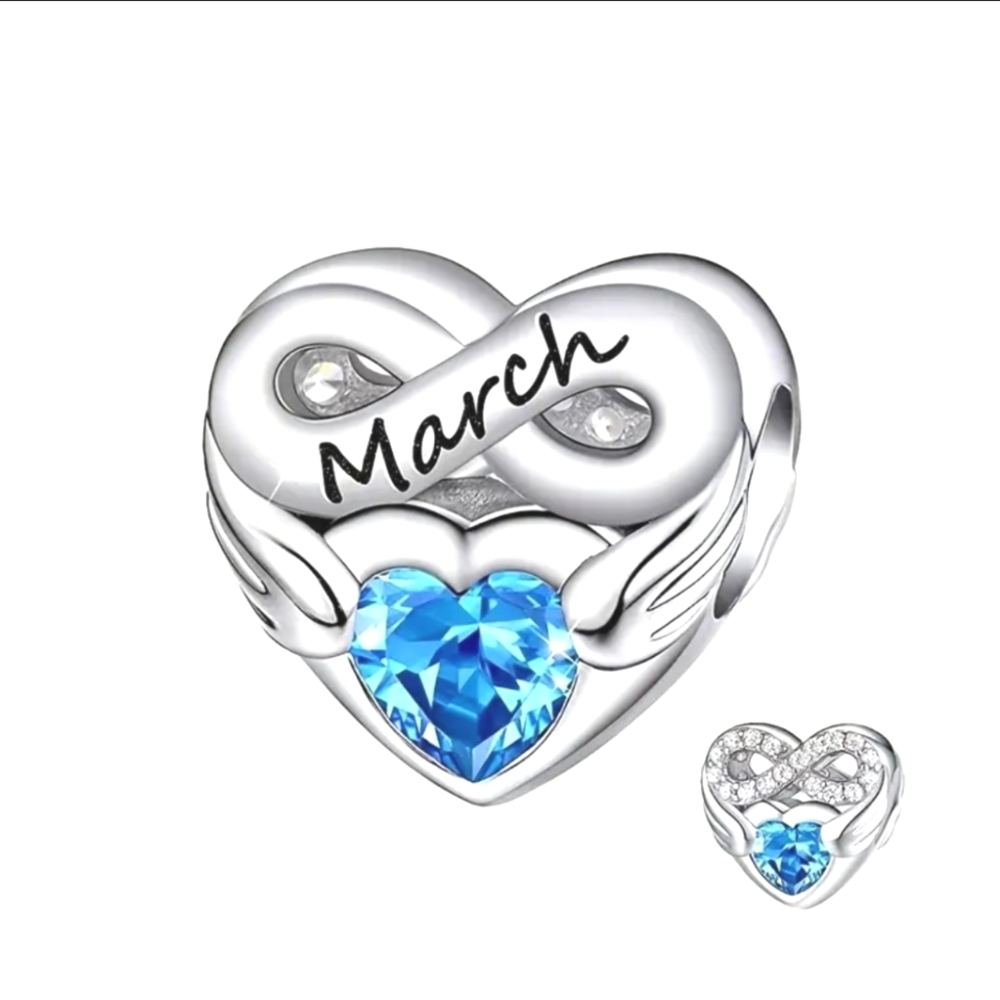 March Birthstone Silver Heart Charm with Blue Gemstone New